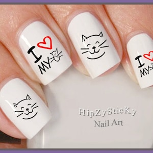ANIMALS Nail Decals &quot;I Love my Cat Smile Face Outline&quot; Nail Art Set#2057 Waterslide Nail Transfers Sticker Manicure Nail Accessories Salon