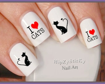 ANIMALS Nail Decals "Cat Silhouette I Love Cats" Nail Art Set#2043 Waterslide Nail Decals Transfers Stickers Manicure Nail Accessories Salon