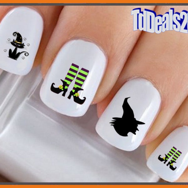 HALLOWEEN Nail Decals "Halloween Cat Witch Shoes Green" Nail Art Set#727H Waterslide Nail Decals Transfers Sticker Manicure Nail Accessories