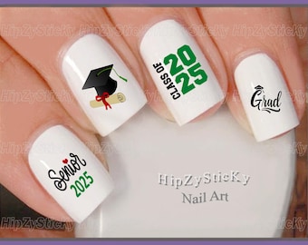 Nail Decal "Graduation Class of 2025 GREEN Senior Grad Cap" Nail Art Set Waterslide Nail Transfers Stickers DIY Manicure Accessories