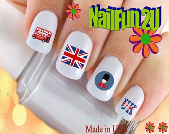 COUNTRIES Nail Decals "BRITISH Flag Fun Icons UK London Bus" Nail Art Set#522 Waterslide Nail Decals Transfers Stickers Manicure Nails