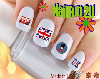 COUNTRIES Nail Decals "BRITISH Flag Fun Icons UK London Bus" Nail Art Set#522 Waterslide Nail Decals Transfers Stickers Manicure Nails