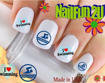 SPORTS Nail Decals "I Love Swimming Heart" Nail Art Set#312 Waterslide Nail Decals Transfers Stickers Manicure Nail Accessories Salon Nails