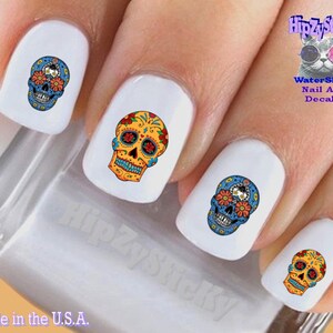 IMAGE Nail Decals &quot;Sugar Skull #2 Blue Face Gold&quot; Nail Art Set#599 Waterslide Nail Decals Transfers Stickers Manicure Nail Accessories Salon
