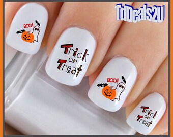 HALLOWEEN Nail Decals "Trick or Treat Ghost Pumpkin" Nail Art Set#723H Waterslide Nail Decals Transfers Stickers Manicure Nail Accessories