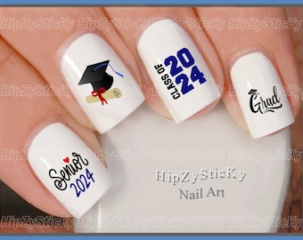 Nail Decal "Graduation Class of 2024 NAVY BLUE Senior Grad Cap" Nail Art Set Waterslide Nail Transfers Stickers DIY Manicure Accessories