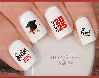 Nail Decal "Graduation Class of 2025 RED Senior Grad Cap" Nail Art Set Waterslide Nail Transfers Stickers DIY Manicure Accessories