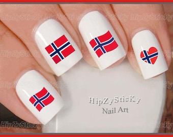 PAESI Decalcomanie per unghie "Cuore ondulato con bandiera norvegese" Set per nail art Decalcomanie per unghie con effetto acqua Adesivi per trasferimenti Manicure Accessori per unghie Salone