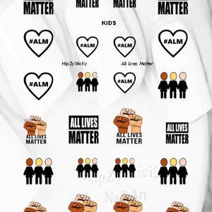 May include: Nail art decals with the text "ALL LIVES MATTER" in a bold, black font. Designs include hearts with "#ALM", silhouettes of people, and raised fists. The word "KIDS" is also present.