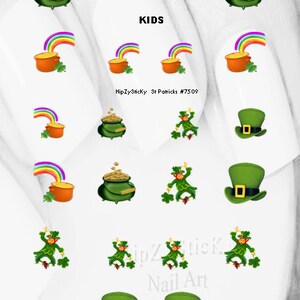 HOLIDAY Nail Decals St Patricks Leprechaun Pot of Gold Clover Hat Nail Art 7509 Waterslide Nail Transfers Stickers DIY Nail Accessories Kids Size Set