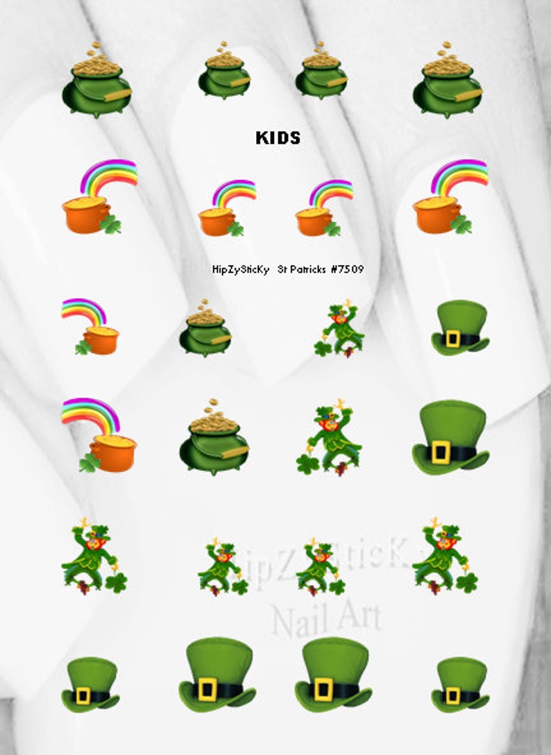 HOLIDAY Nail Decals St Patricks Leprechaun Pot of Gold Clover Hat Nail Art 7509 Waterslide Nail Transfers Stickers DIY Nail Accessories Kids Size Set