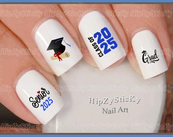 Nail Decal "Graduation Class of 2025 ROYAL BLUE Senior Grad Cap" Nail Art Set Waterslide Nail Transfers Stickers DIY Manicure Accessories