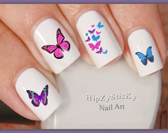 ANIMALS Nail Decals "Butterflies #1 Cool Colors" Nail Art Waterslide Nail Transfers Stickers Manicure Nail Accessories DIY Salon Nails