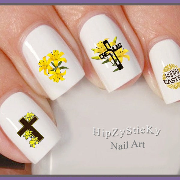 HOLIDAY Nail Decals Happy Easter Egg Yellow Lily Easter Cross Nail Art #7715 Waterslide Nail Transfer Sticker Manicure DIY Nail Accessories