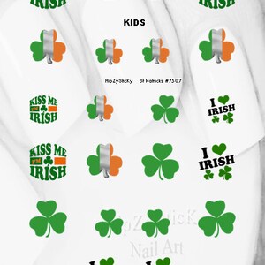 HOLIDAY Nail Decals St Patricks Kiss Me Im Irish Leprechaun Clover Nail Art 7507 Waterslide Nail Transfers Stickers DIY Nail Accessories Kids Size Set