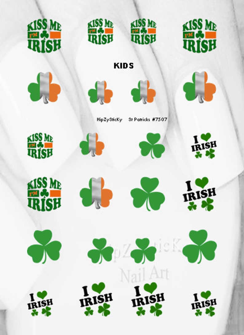 HOLIDAY Nail Decals St Patricks Kiss Me Im Irish Leprechaun Clover Nail Art 7507 Waterslide Nail Transfers Stickers DIY Nail Accessories Kids Size Set