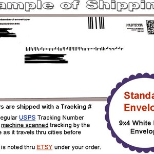 May include: A white 9x4 inch standard envelope with a purple scalloped border. The envelope has a tracking number and barcode. Text on the envelope reads "Standard Envelope".