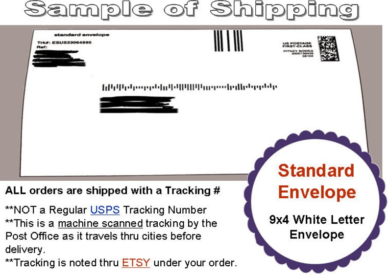 May include: A white 9x4 inch standard envelope with a purple scalloped border. The envelope has a tracking number and barcode. Text on the envelope reads "Standard Envelope".