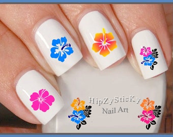 IMAGE Nail Decal "Hawaiian Hibiscus Color Flowers" Nail Art Set Waterslide Nail Decals Transfers Stickers DIY Manicure Nail Accessories