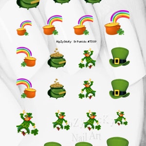 HOLIDAY Nail Decals St Patricks Leprechaun Pot of Gold Clover Hat Nail Art 7509 Waterslide Nail Transfers Stickers DIY Nail Accessories Adult Size Set