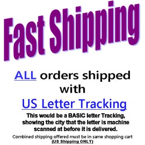 May include: Image with the words "Fast Shipping" in purple, above text that reads "ALL orders shipped with US Letter Tracking." Additional text explains the tracking service.