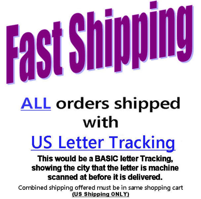 May include: Image with the words "Fast Shipping" in purple, above text that reads "ALL orders shipped with US Letter Tracking." Additional text explains the tracking service.