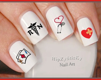 SYMBOL Nail Decals "RN #3 Nurse Hat Bandaid Red Heart" Nail Art Set Waterslide Nail Decal Transfers Stickers Manicure Nail Accessories