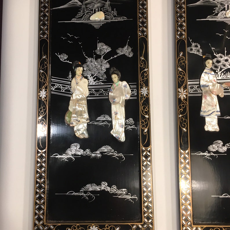 Vintage Asian Black Lacquer Wall Art Mother or Pearl Inlaid | Etsy