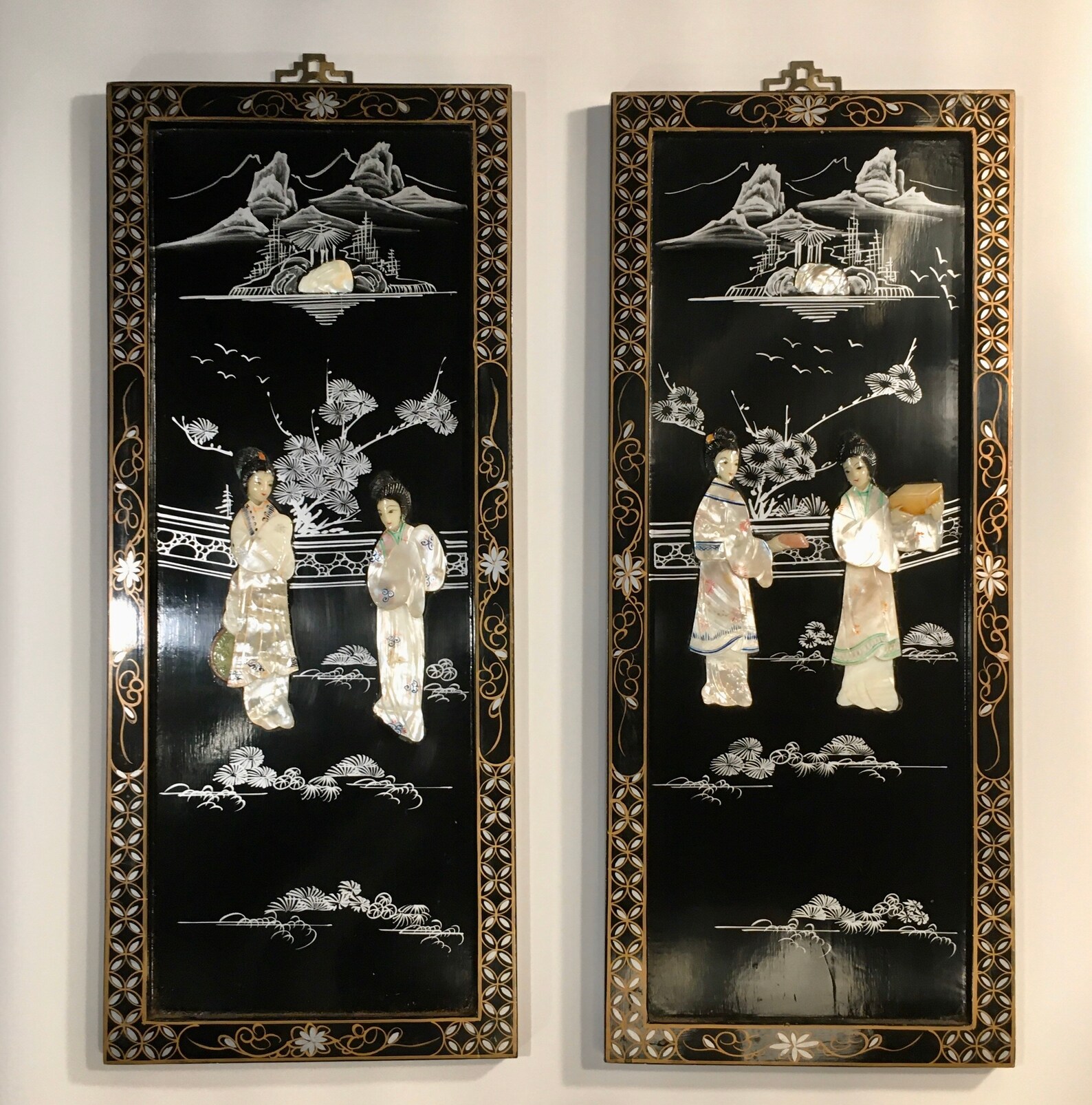 Vintage Asian Black Lacquer Wall Art Mother or Pearl Inlaid Etsy