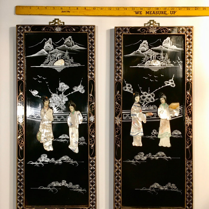 Vintage Asian Black Lacquer Wall Art Mother or Pearl Inlaid | Etsy