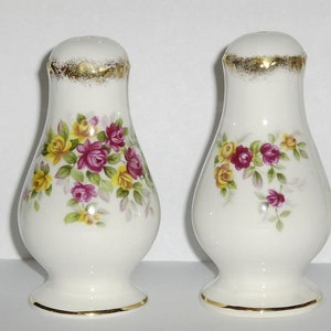 Vintage Hand Painted Salt & Pepper Shakers with original stoppers pink and yellow Floral Roses Swags