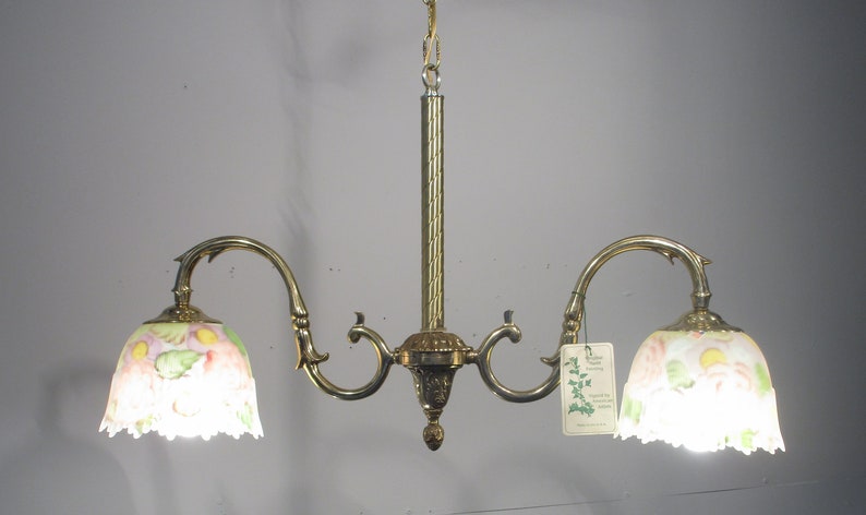 Antique Vintage Chandelier Brass Billiard Two Light Fixture Glass Shades Usa