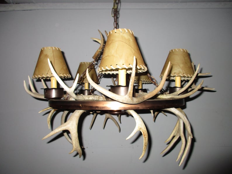 Antique Vintage Chandelier Wagon Wheel Antler Custom Wooden Light Fixture Copper