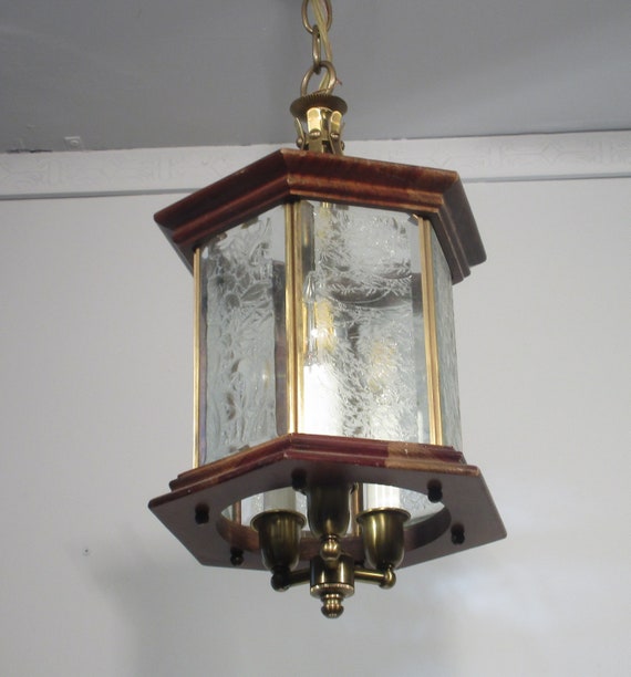 Vintage Lantern Chandelier Fixture 3 Lts Wood Brass Glass Image 0