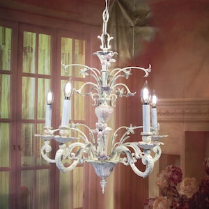 Antique Vintage Chandelier Bronze Cream/Pink Shabby Chic Floral 5 Light Nursery