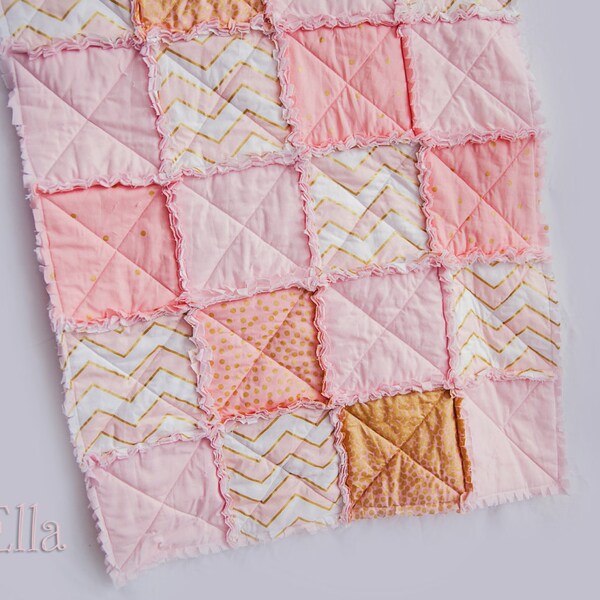 Vintage blush gold metallic Rag Quilt - security blanket, stroller quilt, crib quilt, baby gift, photography prop