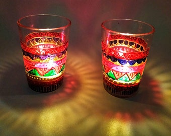 Tea Light holders with candle set of 2, Hand painted in bright colors for festive season, home decor puja lights, mood,romantic candle light