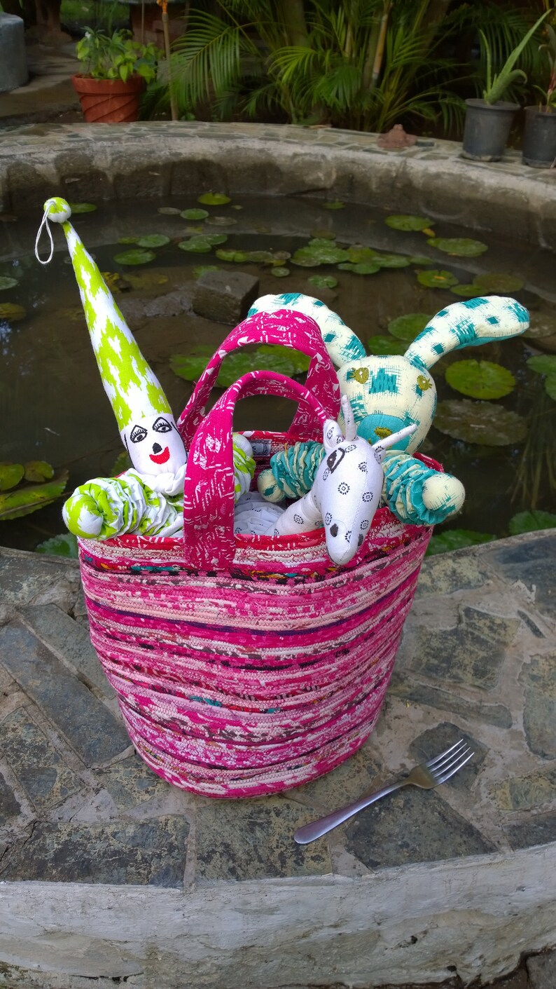 Picnic Basketmedium Storage Upcycled Fabric 11 Tall Etsy