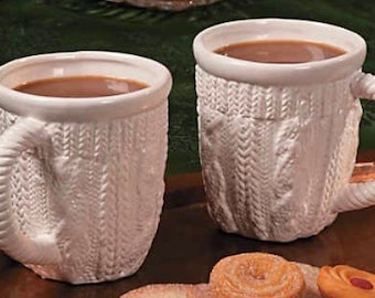 White Cable Knit Mug & 12 Sugar Doilies 2.5" - Edible for Tea or Coffee