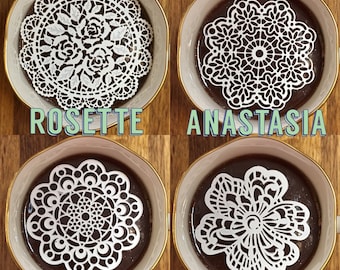 Choose 12 Sugar Doilies 2.5&quot; Assortment Edible Tea or Coffee Doilies Anastasia Aztec Rosette Cake Flower Christmas Stocking Stuffer