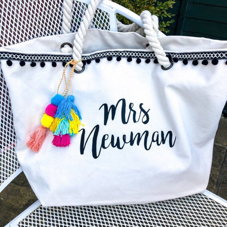 personalised pom pom beach bag