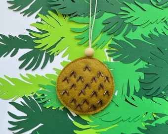 Minimalist Felt Christmas Ornament Handcrafted in Mustard Yellow with Beaded Detail