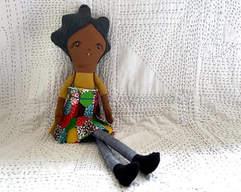 Handmade Linen Doll - Reversible Skirt + Button Arms - medium skin - dark hair - Personalized Keepsake Toy
