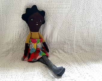 Handmade Linen Doll - Reversible Skirt + Button Arms - dark skin - black hair - Personalized Keepsake Toy