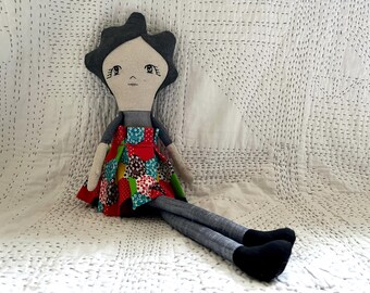 Handmade Linen Doll - Reversible Skirt + Button Arms - light skin - grey hair - Personalized Keepsake Toy