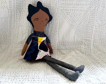 Handmade Linen Doll - Reversible Skirt + Button Arms - medium skin - black hair - Personalized Keepsake Toy