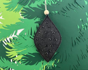 Minimalist Felt Christmas Ornament Handcrafted in Charcoal Grey with Beaded Detail