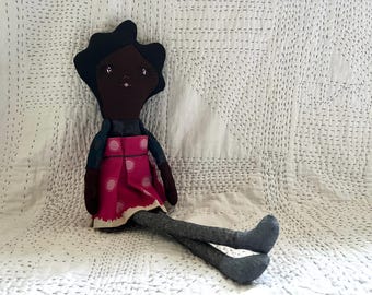 Handmade Linen Doll - Reversible Skirt + Button Arms - dark skin - black hair - Personalized Keepsake Toy
