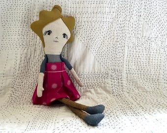 Handmade Linen Doll - Reversible Skirt + Button Arms - light skin - blonde hair - Personalized Keepsake Toy