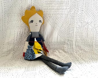 Handmade Linen Doll - Reversible Skirt + Button Arms - light skin - blonde hair - Personalized Keepsake Toy